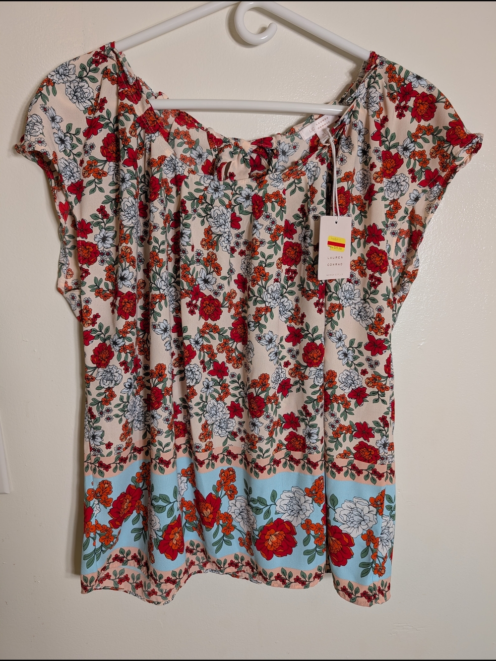 LC Lauren Conrad Cream Floral Cap-Sleeve Blouse with Red & Orange Flowers
